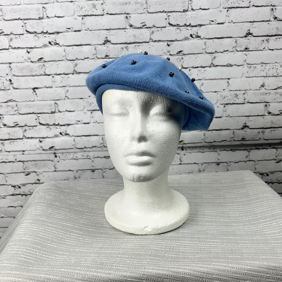 Vintage, baby blue color, cotton, stretchy, beads on top hat, Cir.: 17 in. - Picture 1 of 9